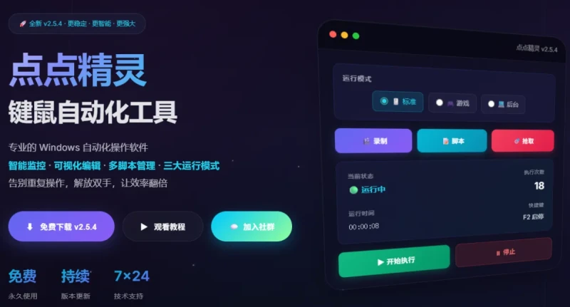小白用户也能轻松掌握的专业Windows键鼠自动化神器，点点精灵免费供你永久使用，告别繁琐操作